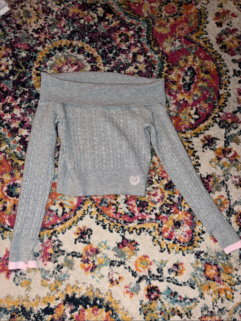 NWOT PINK Victoria's Secret Gray Off-Shoulder Cable Knit Top with Pink Trim